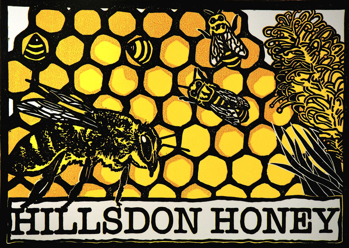 Hillsdon Honey – A4 Bee Art Reduction Linoprint | Limited Edition of 6 | Handmade Print
