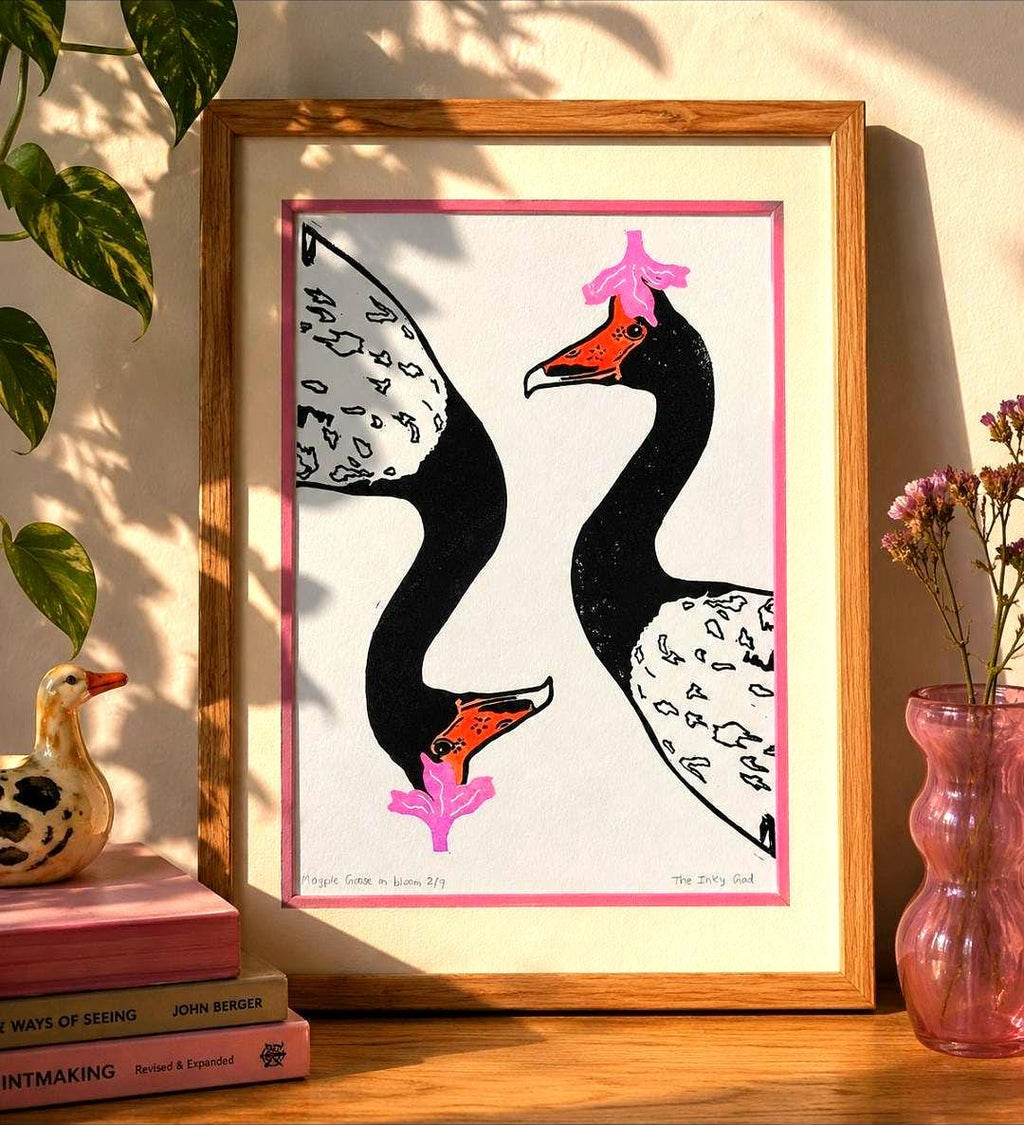 Magpie Goose Linoprint | Hand-Coloured Orange Watercolour Wildlife Art (A4)