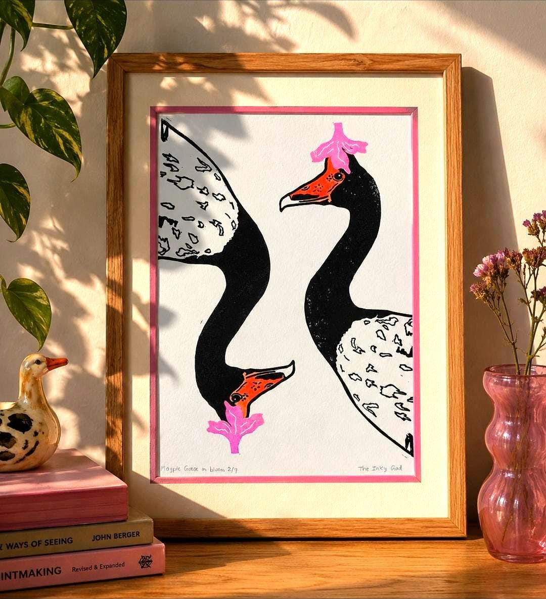 Magpie Goose Linoprint | Hand-Coloured Orange Watercolour Wildlife Art (A4)