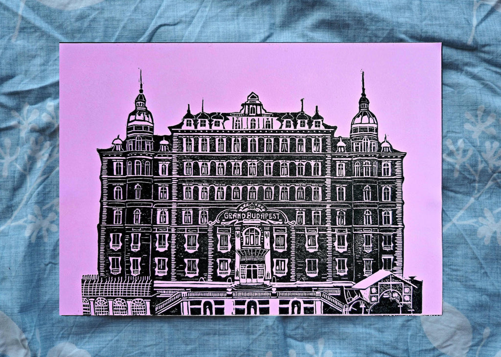 Grand Budapest Hotel Linoprint | A4 Handmade Print Three Colour Options | Wes Anderson Inspired Art