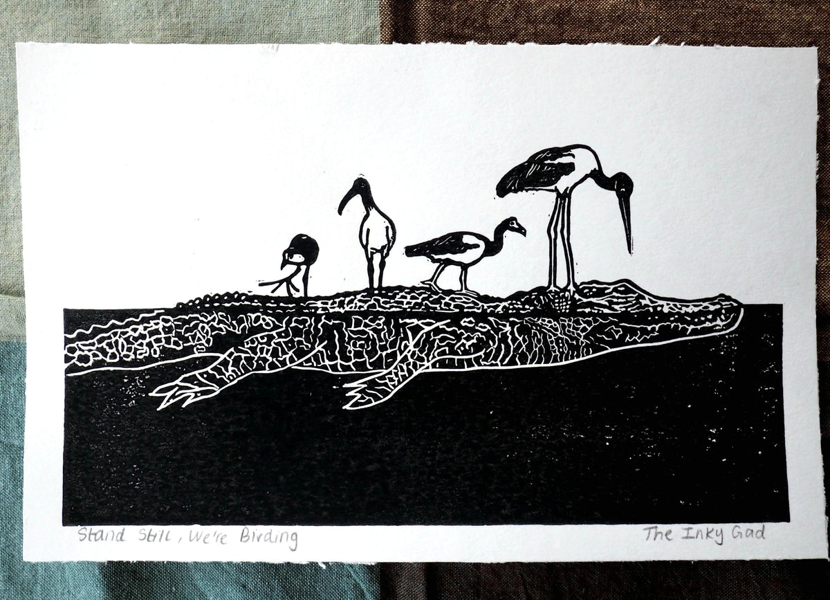 Australian Bird Art Print – Jabiru, Ibis, Jacana and Magpie Goose Linocut, Crocodile Wildlife Print