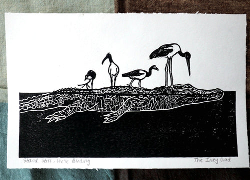 Australian Bird Art Print – Jabiru, Ibis, Jacana and Magpie Goose Linocut, Crocodile Wildlife Print