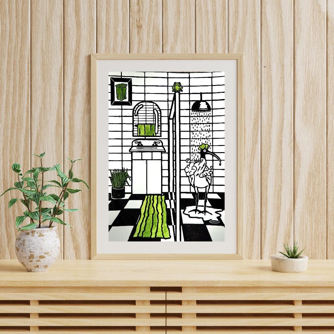 Ibis in the Shower Linocut Print – Funny Bathroom Bird Wall Art – Hand Printed Linoprint