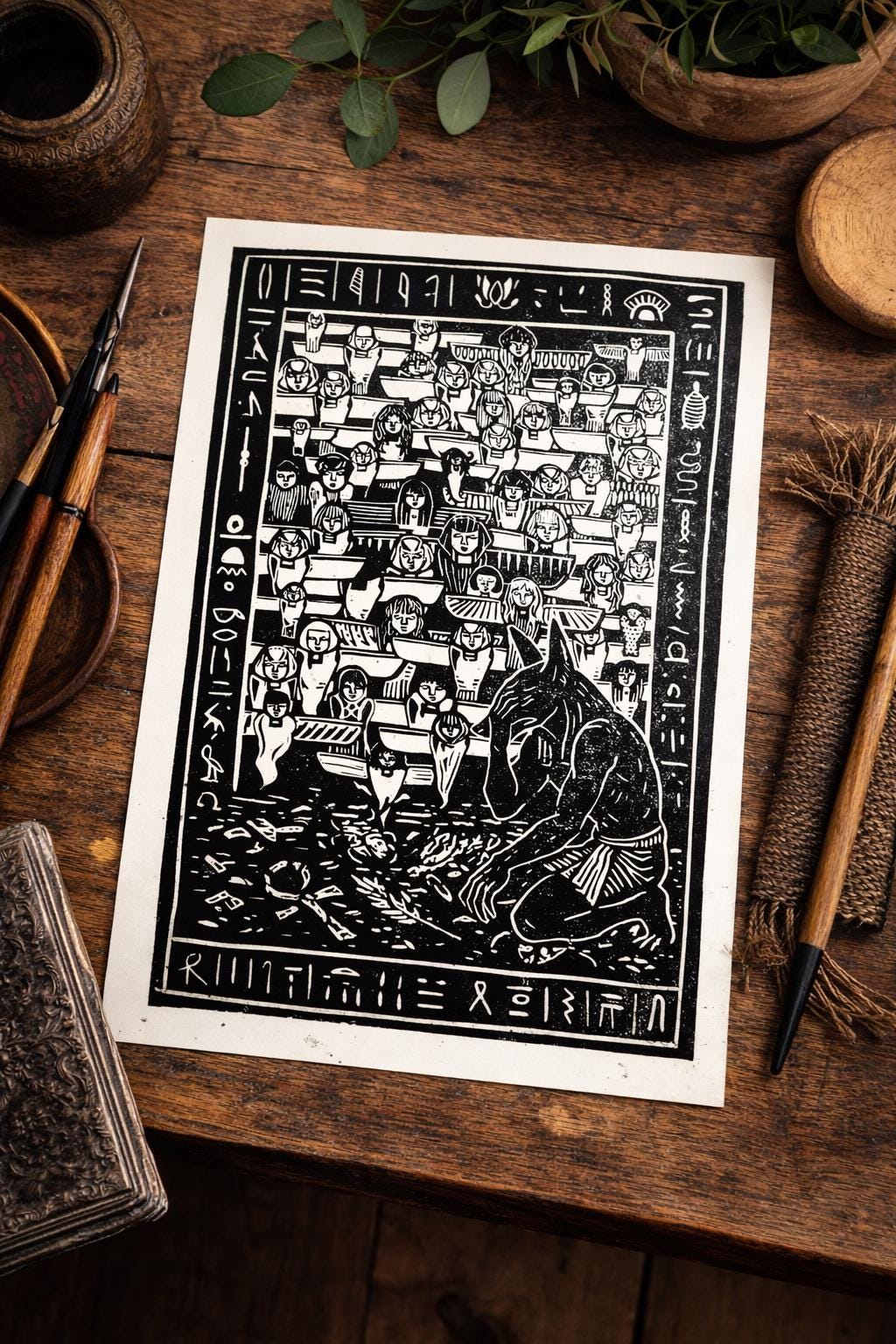 Anubis linocut print – Approximately A4 sized Hand-Carved Linocut Prints the Ancient Egyptian god of the Underworld