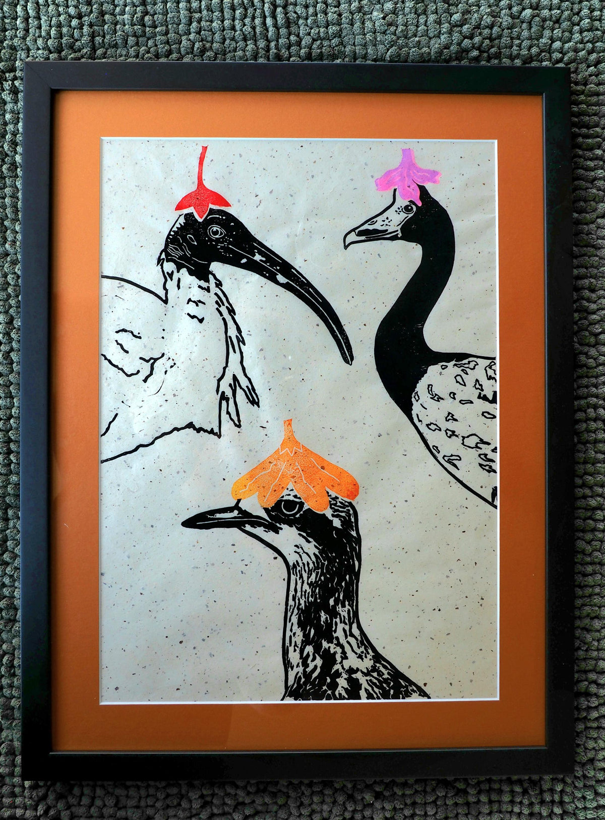 Framed Linocut Print – Australian Birds, Mulberry Paper, Ready to Hang