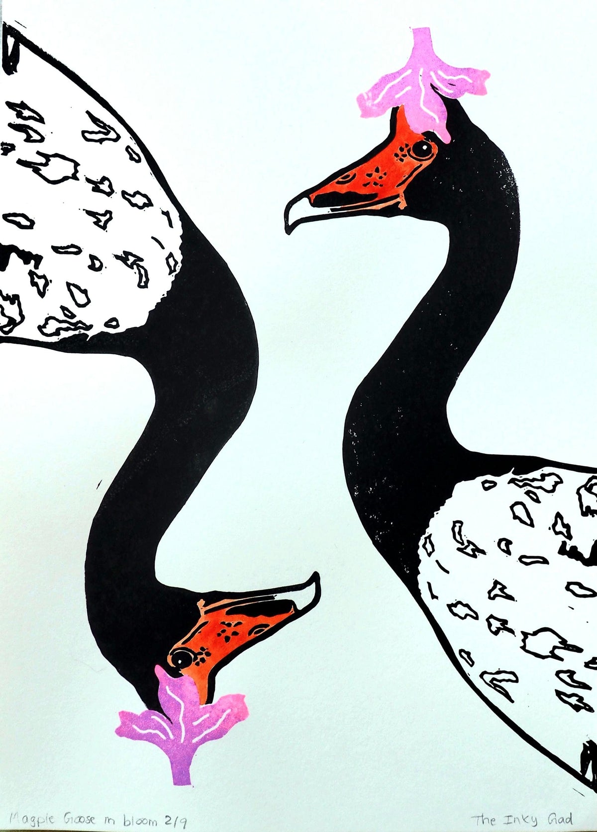 Magpie Goose Linoprint | Hand-Coloured Orange Watercolour Wildlife Art (A4)