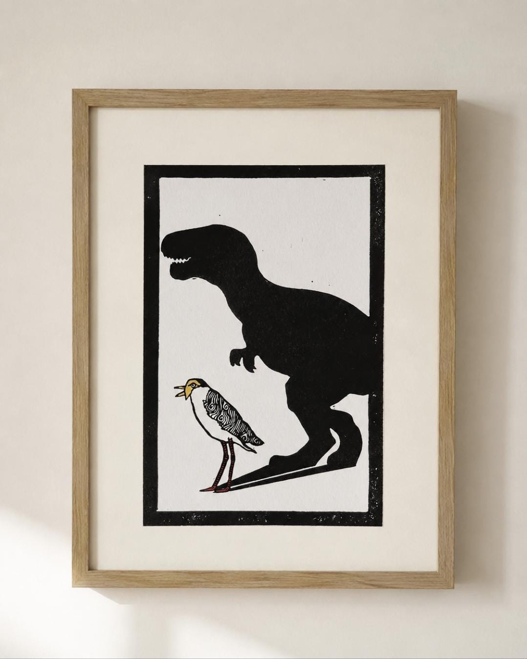 Plover P-Rex Linoprint – Australian Bird Art, Hand-Coloured Watercolour Details