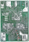 System Error Linoprint: Circuit Board & Roses - Tech Nature Art