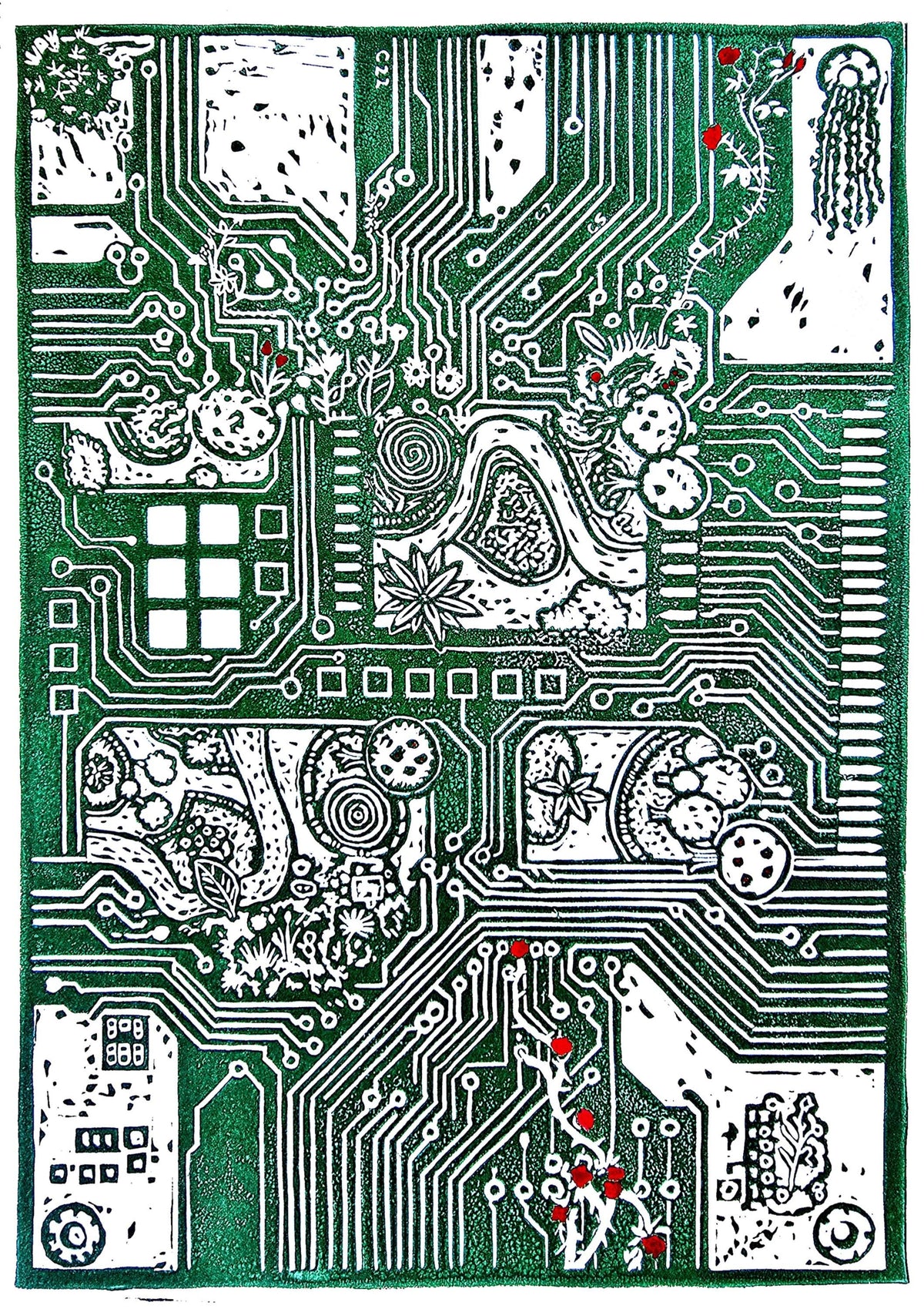 System Error Linoprint: Circuit Board & Roses - Tech Nature Art