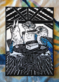 Hand-Coloured Linoprint – Blue-Winged Kookaburra Artwork, Limited Edition Bird Print