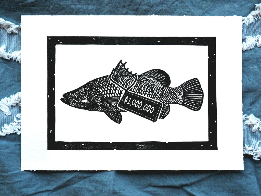 Barramundi Linoprint: Hand-Carved Fish Art, Darwin NT - Million Dollar Fish