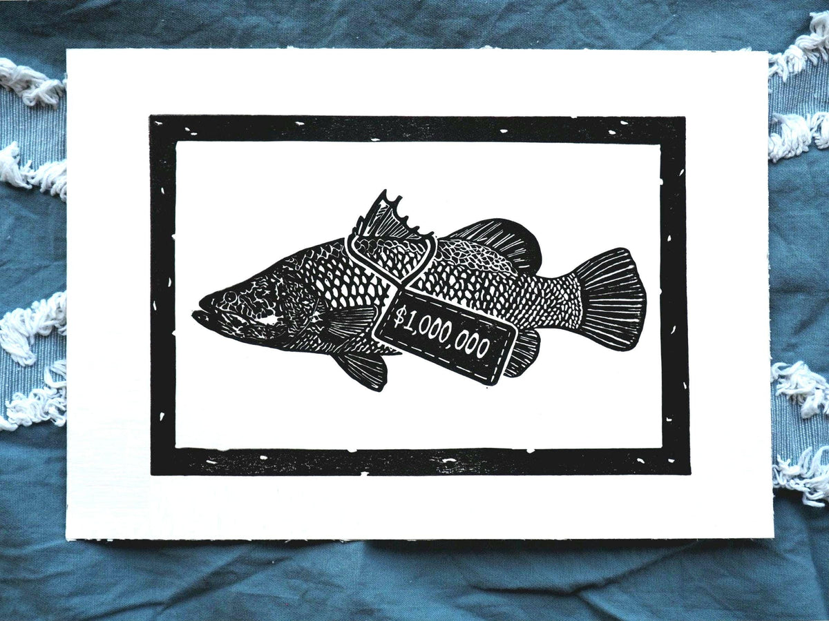 Barramundi Linoprint: Hand-Carved Fish Art, Darwin NT - Million Dollar Fish