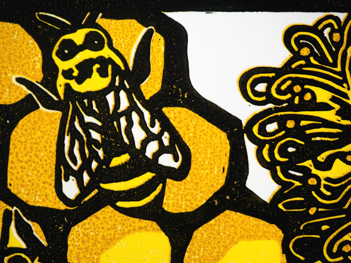 Hillsdon Honey – A4 Bee Art Reduction Linoprint | Limited Edition of 6 | Handmade Print