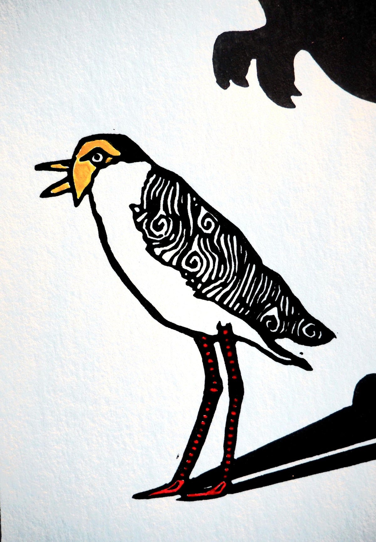 Plover P-Rex Linoprint – Australian Bird Art, Hand-Coloured Watercolour Details