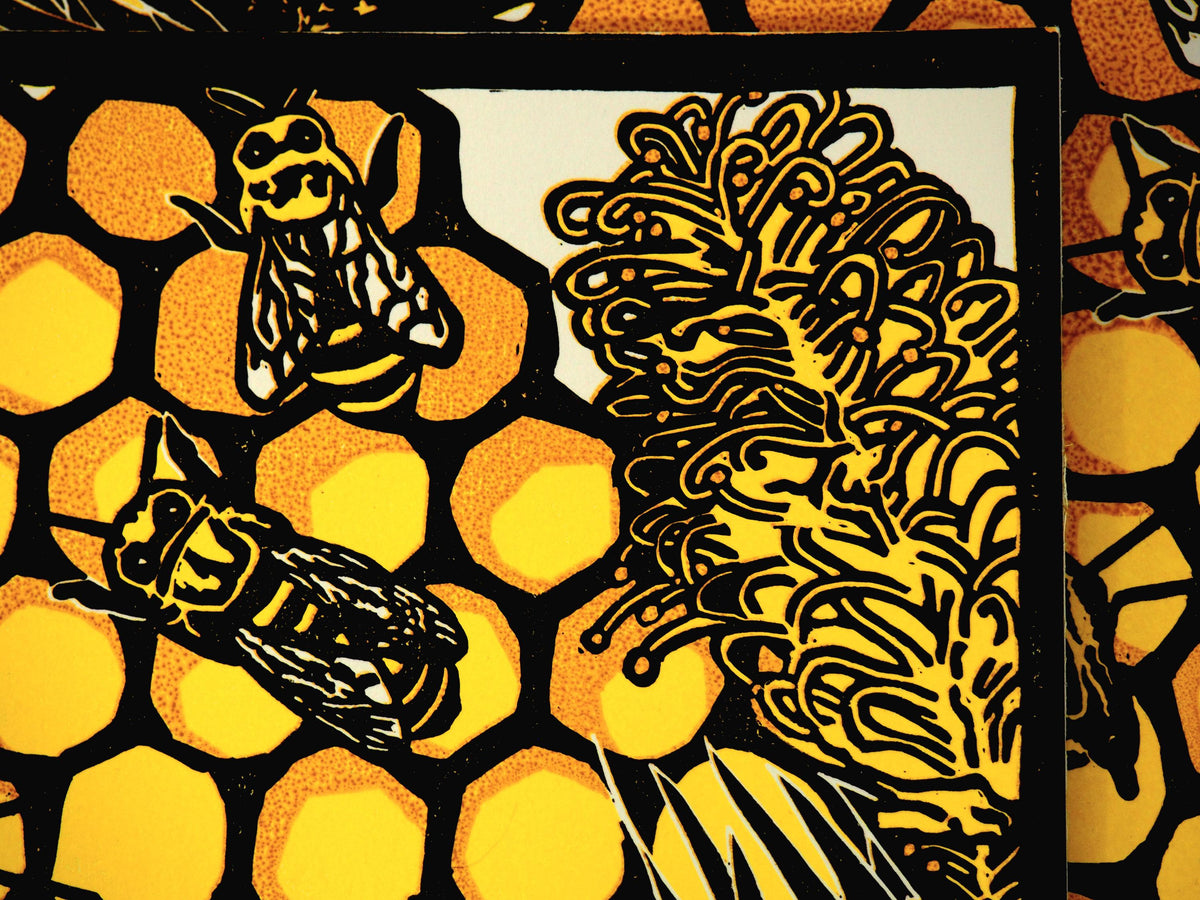 Hillsdon Honey – A4 Bee Art Reduction Linoprint | Limited Edition of 6 | Handmade Print