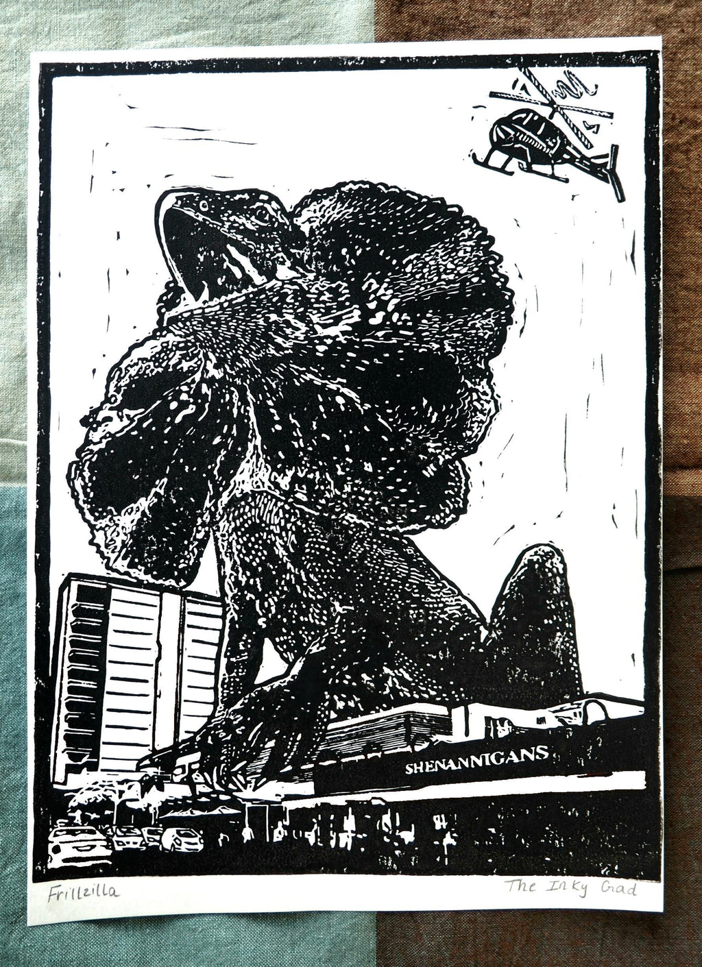 Giant Frill-Neck Lizard in Darwin – Hand-Pulled Linoprint (A4) | Australian Wildlife Art | Optional Red Watercolour