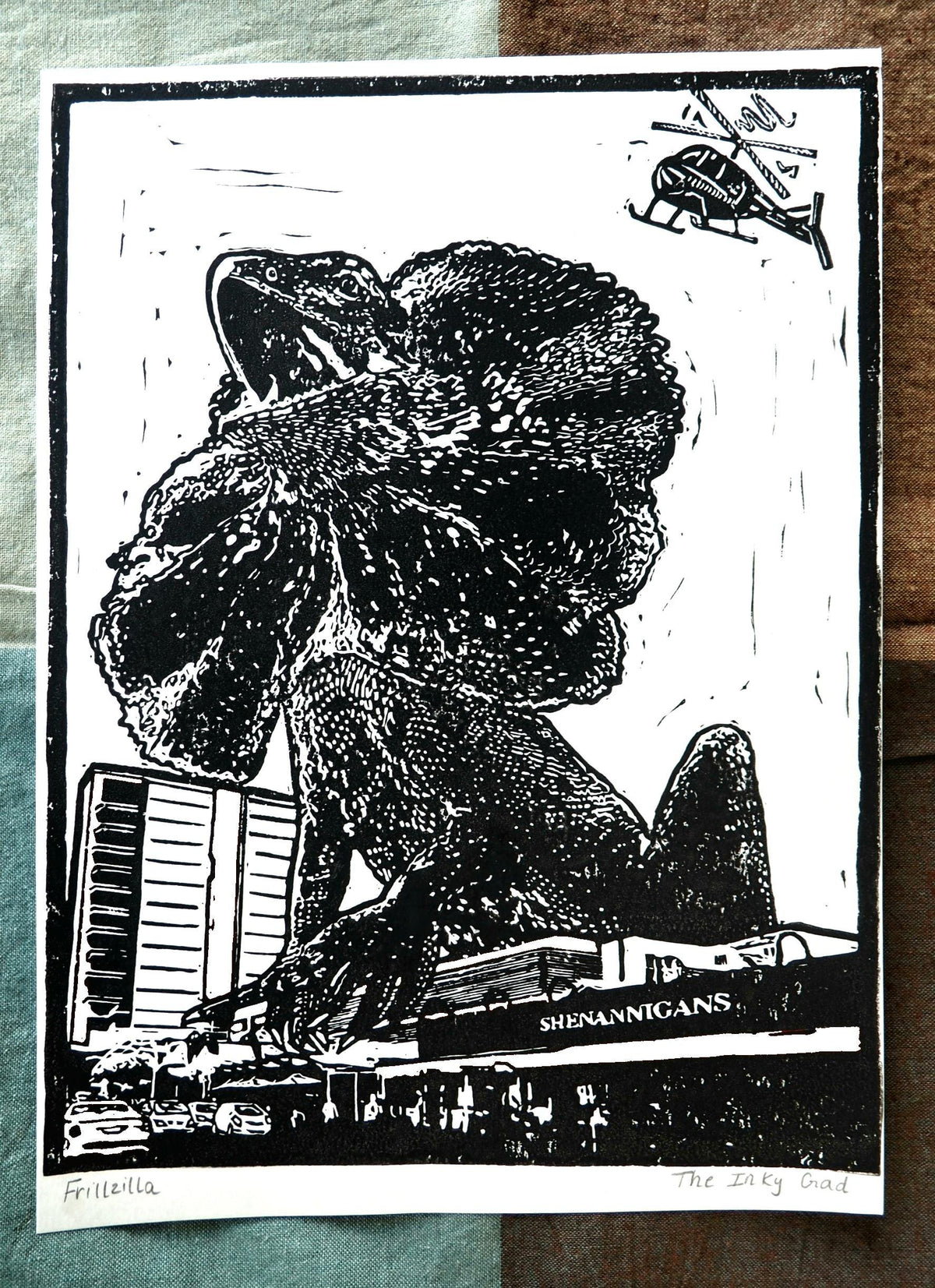 Giant Frill-Neck Lizard in Darwin – Hand-Pulled Linoprint (A4) | Australian Wildlife Art | Optional Red Watercolour