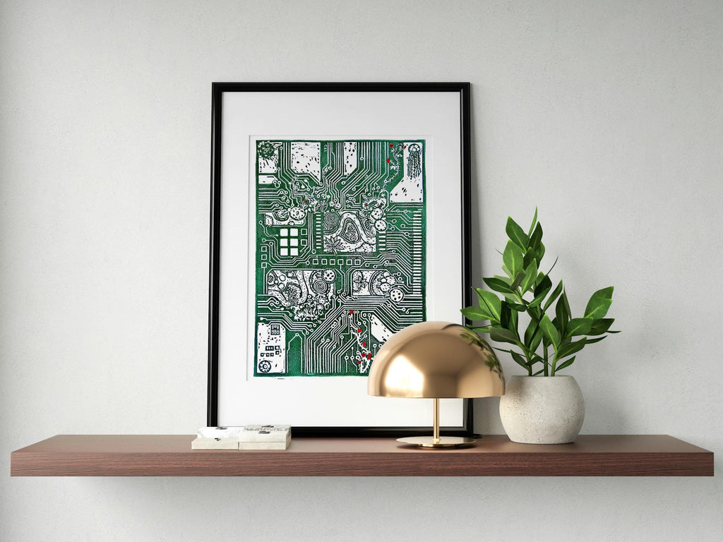 System Error Linoprint: Circuit Board & Roses - Tech Nature Art