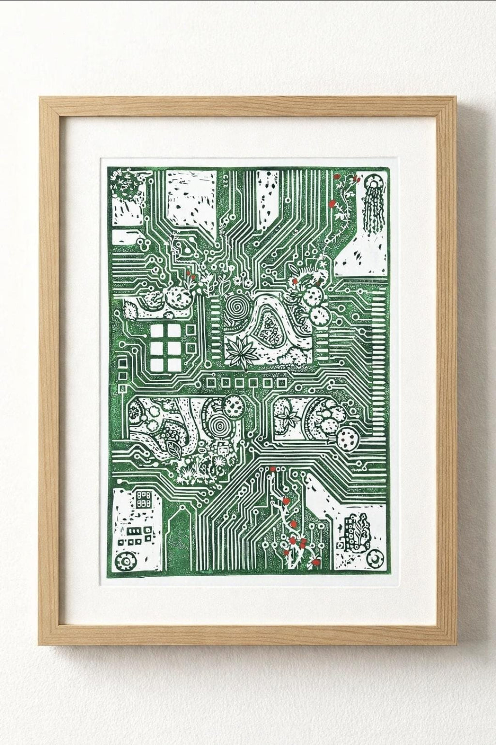 System Error Linoprint: Circuit Board & Roses - Tech Nature Art
