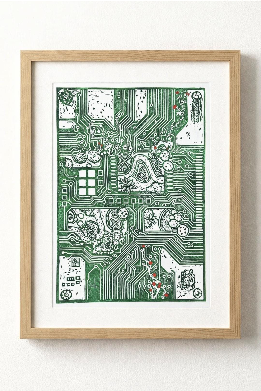 System Error Linoprint: Circuit Board & Roses - Tech Nature Art