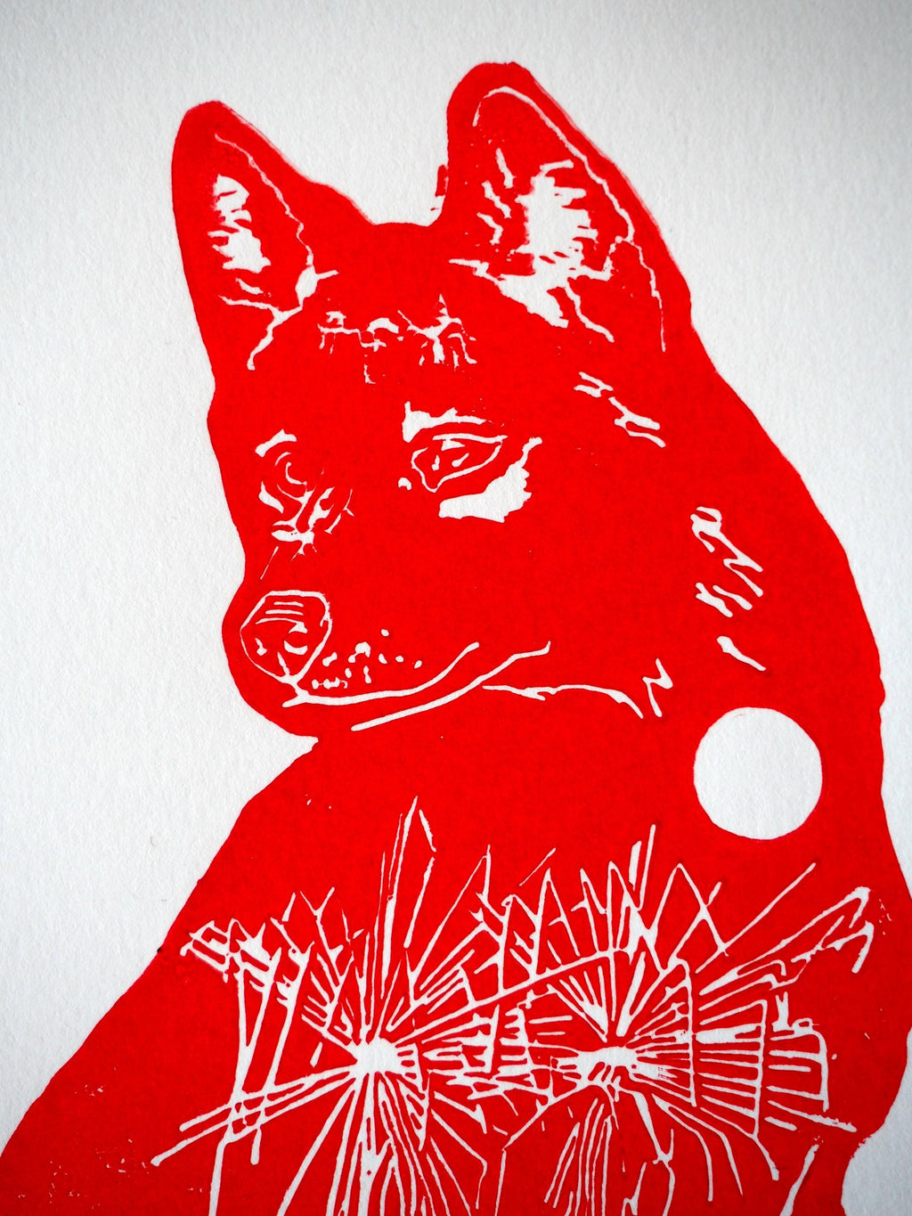 Red Dingo Linoprint | Australian Wildlife Relief Print | A4 Bush Motifs Wall Art