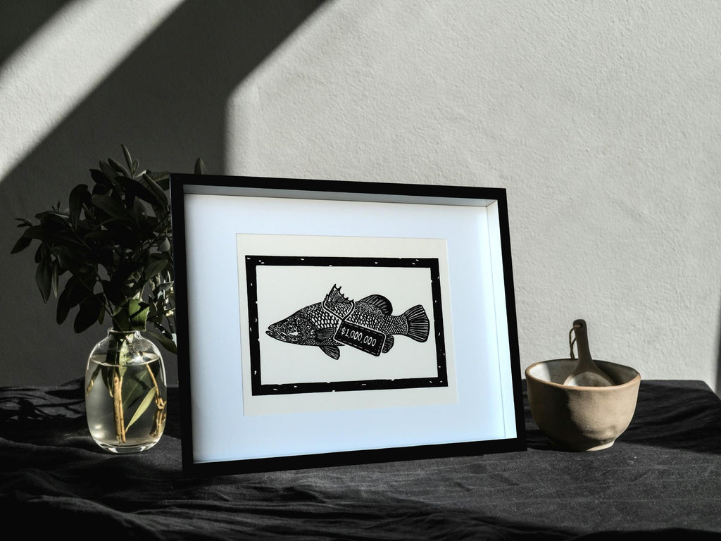 Barramundi Linoprint: Hand-Carved Fish Art, Darwin NT - Million Dollar Fish