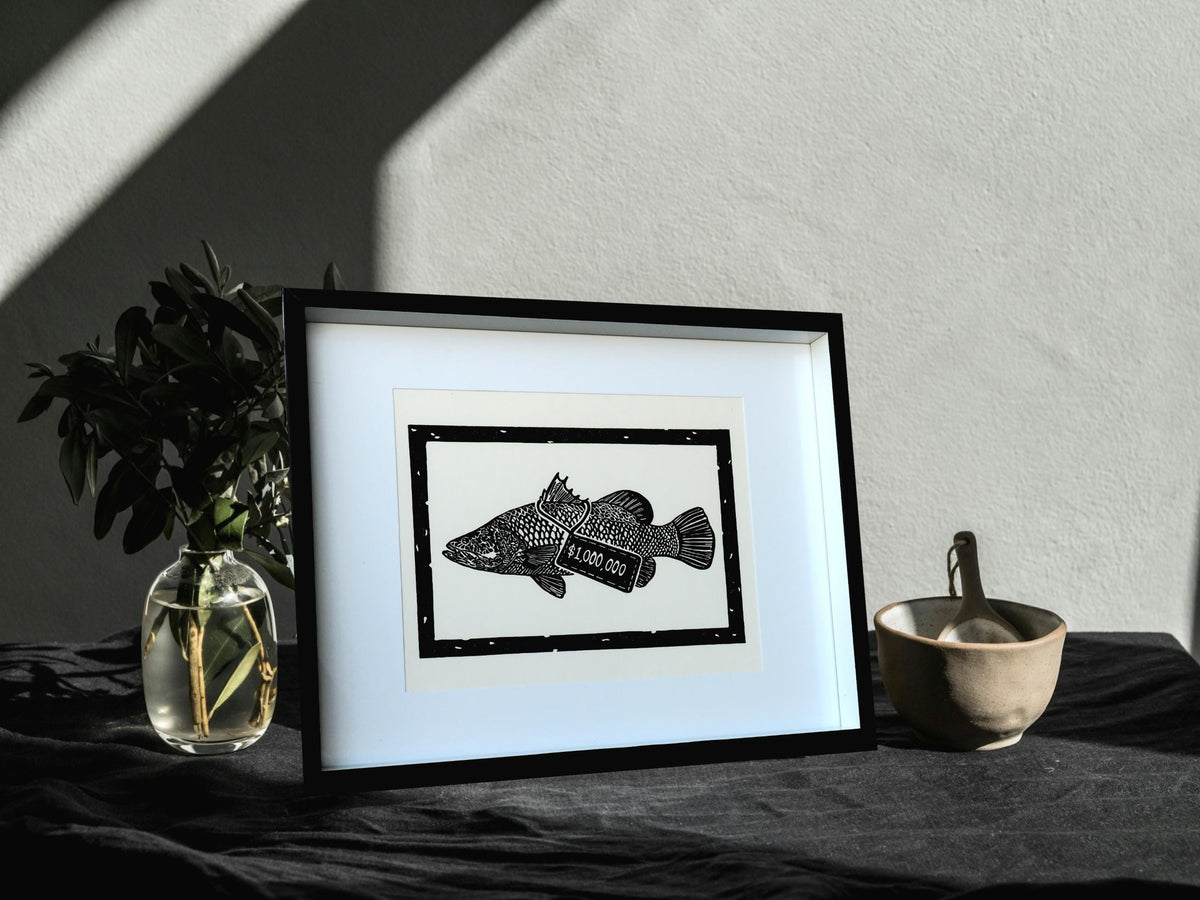 Barramundi Linoprint: Hand-Carved Fish Art, Darwin NT - Million Dollar Fish