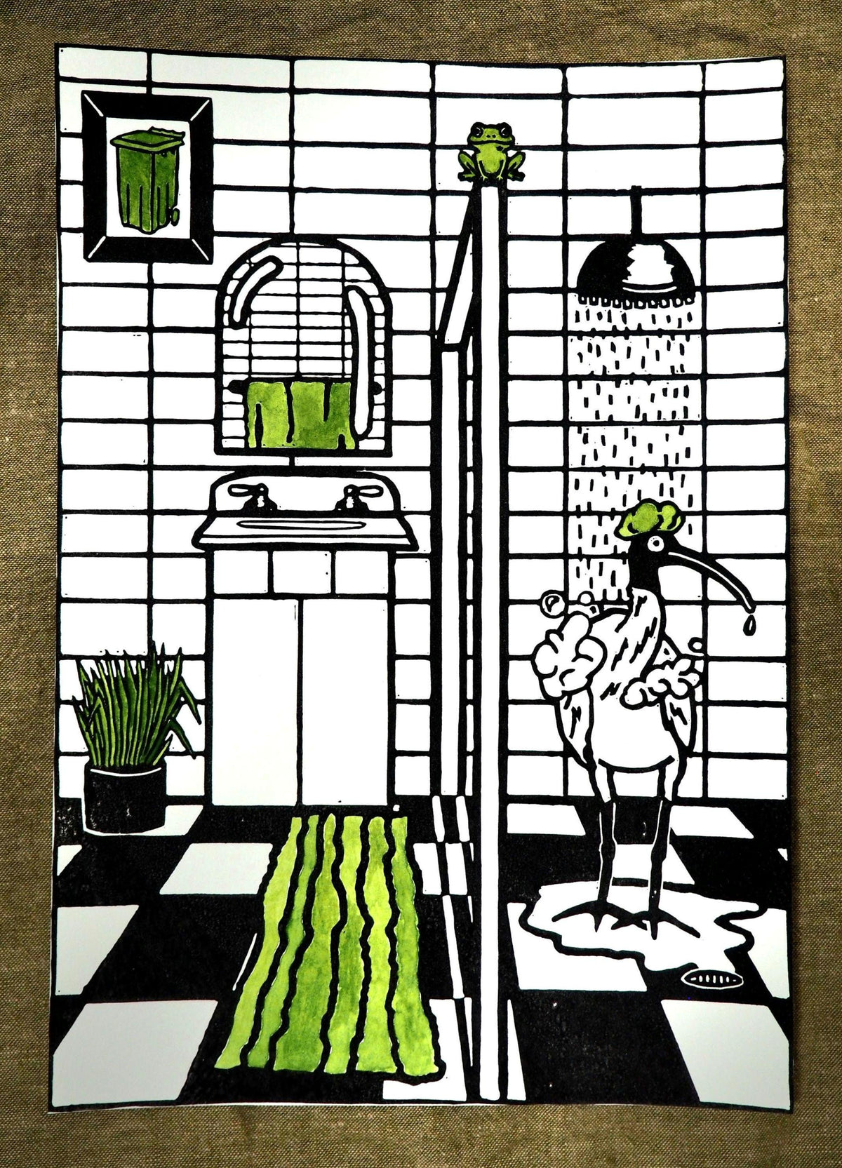 Ibis in the Shower Linocut Print – Funny Bathroom Bird Wall Art – Hand Printed Linoprint