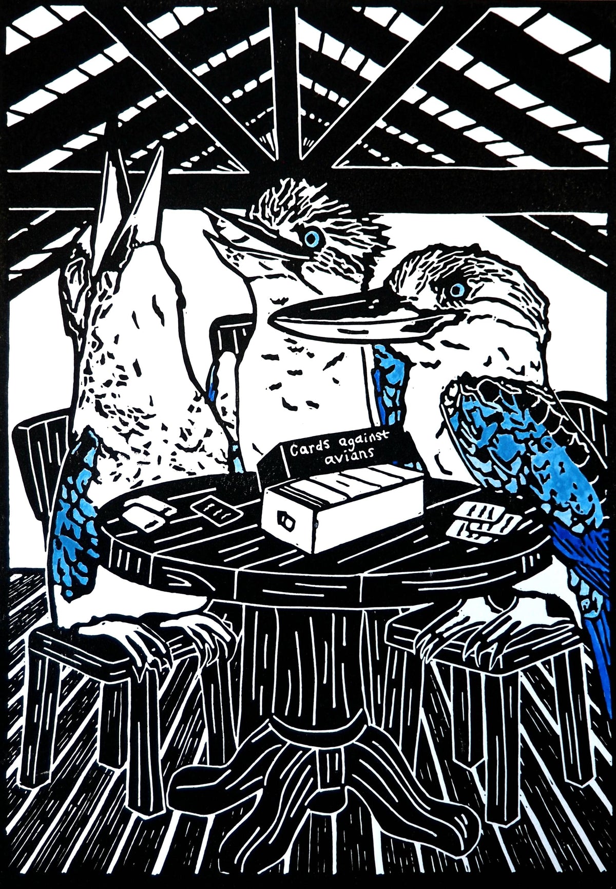 Hand-Coloured Linoprint – Blue-Winged Kookaburra Artwork, Limited Edition Bird Print