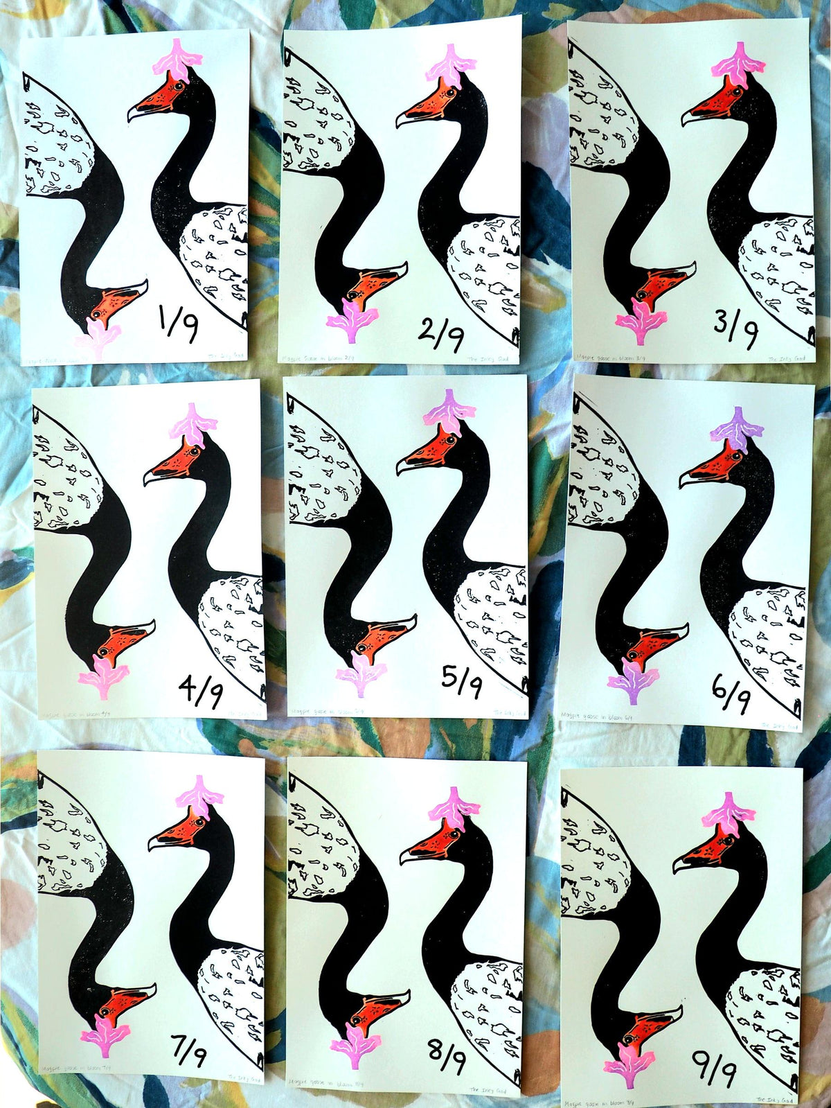 Magpie Goose Linoprint | Hand-Coloured Orange Watercolour Wildlife Art (A4)