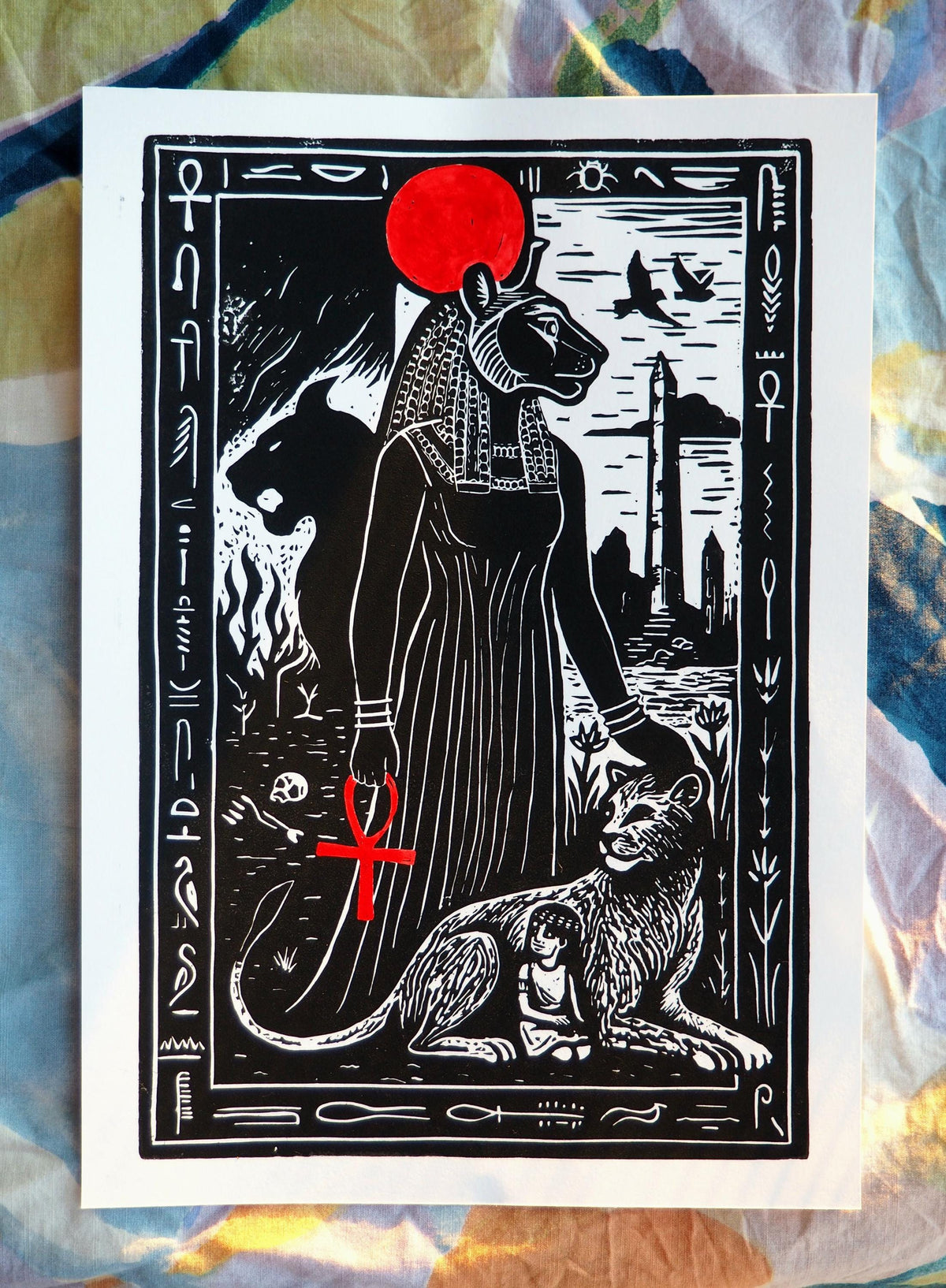 Sekhmet – A4 sized hand-carved linocut print of Egyptian Goddess Sekhmet