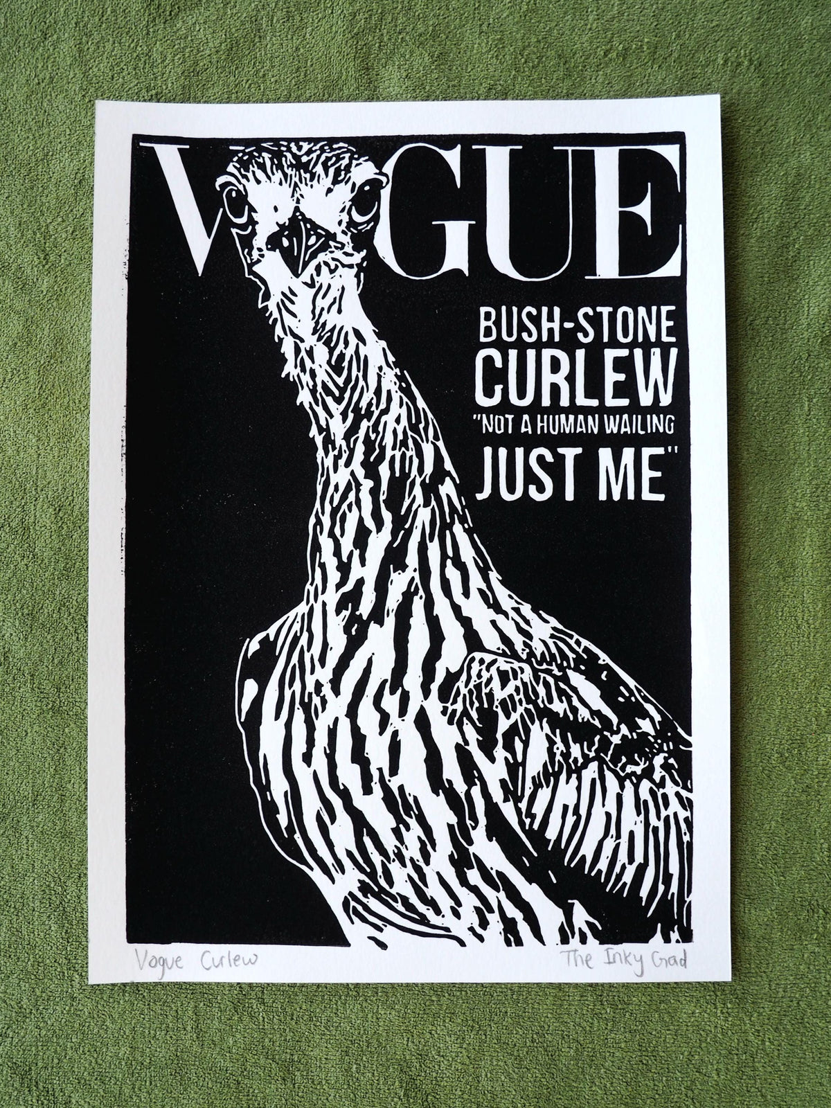 Vogue Curlew Linocut Print | Bush Stone-Curlew Australian Wildlife Art (Black & White)