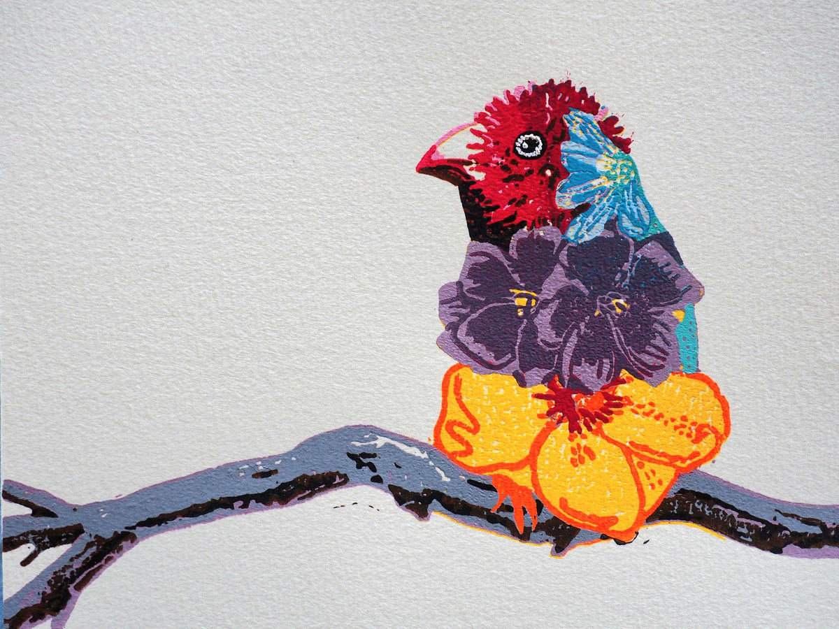 Professionally Framed Linoprint - Limited Edition of 4 Gouldian Finch Reduction linocut print