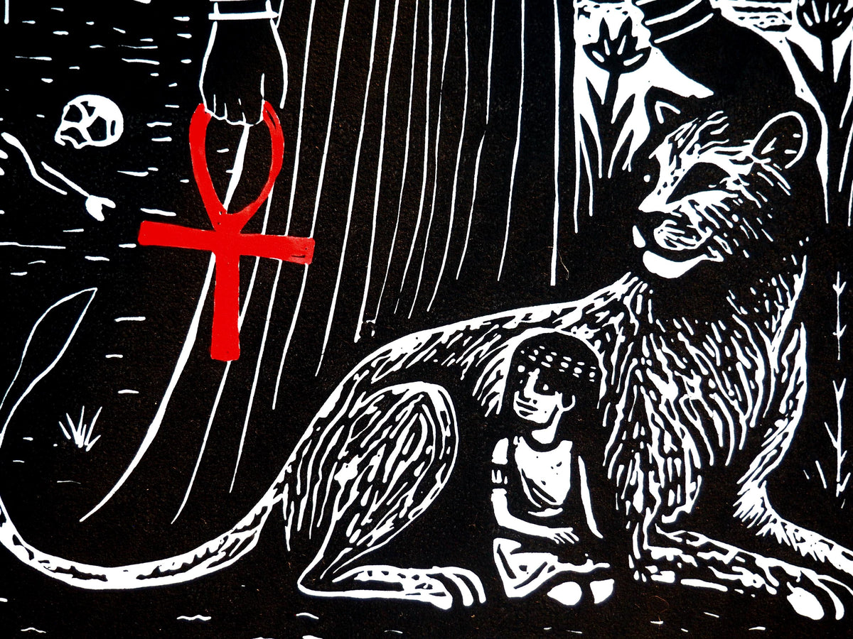 Sekhmet – A4 sized hand-carved linocut print of Egyptian Goddess Sekhmet