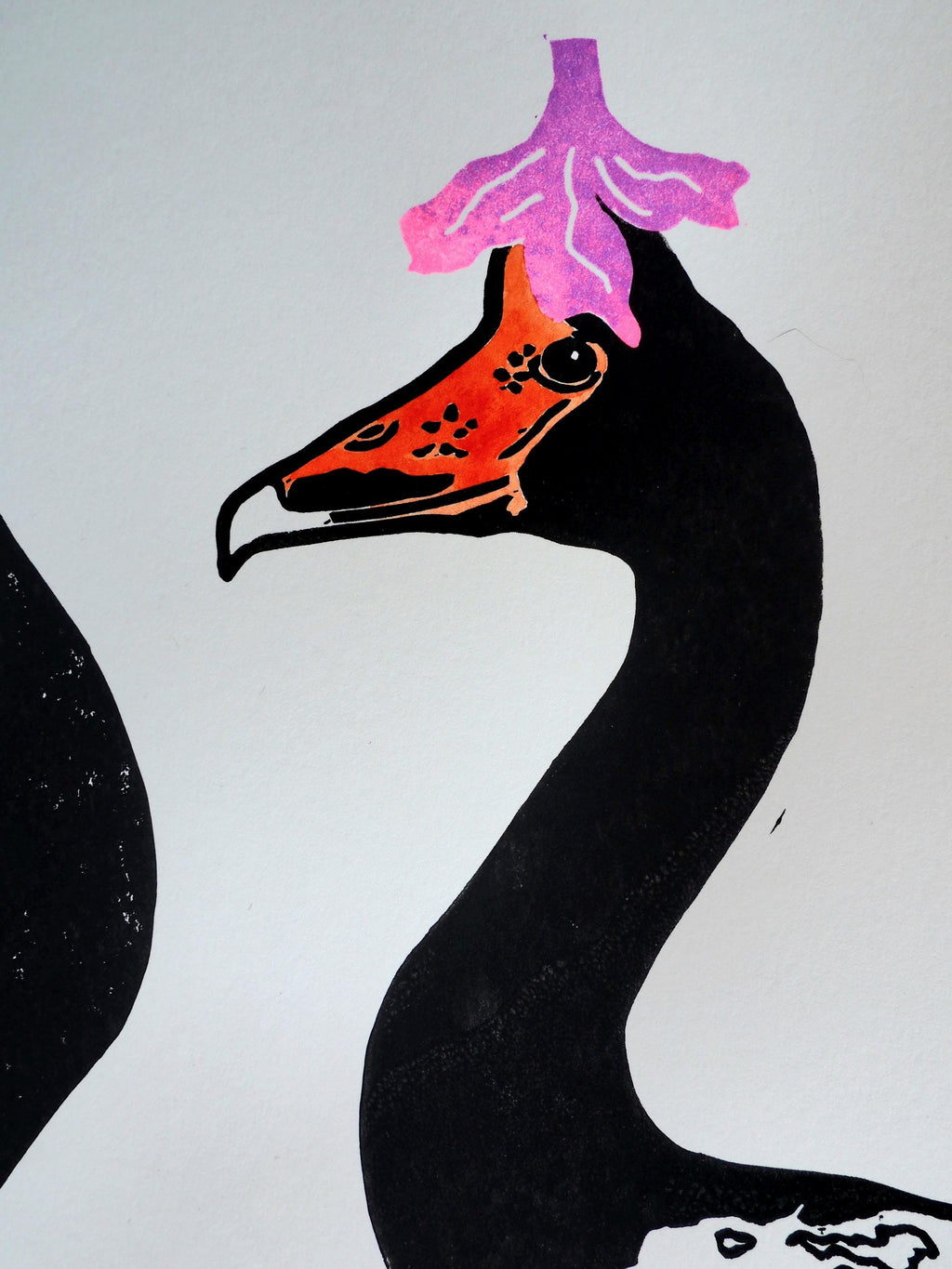 Magpie Goose Linoprint | Hand-Coloured Orange Watercolour Wildlife Art (A4)