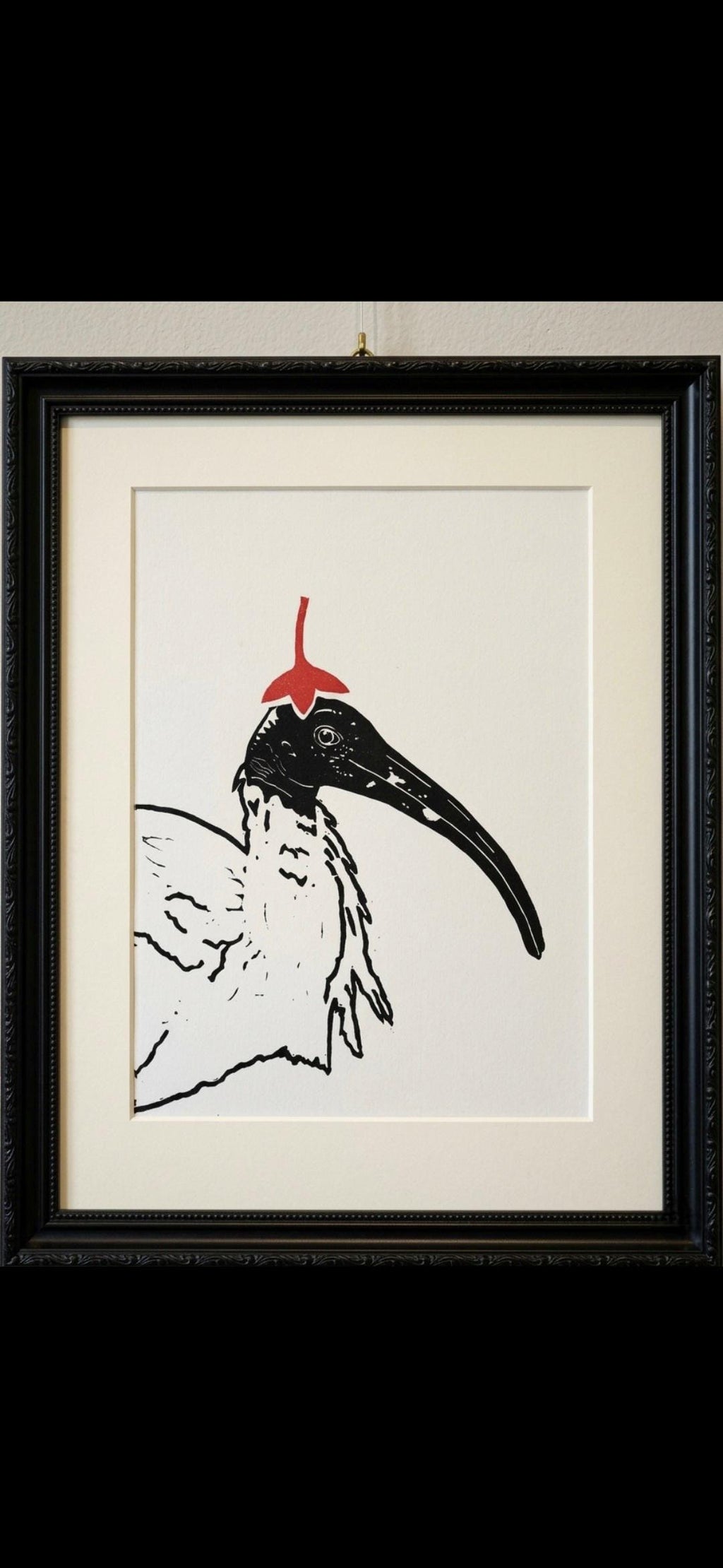 Ibis in Red Linocut Print – Limited Edition Hand Pulled Bird Art (A4)
