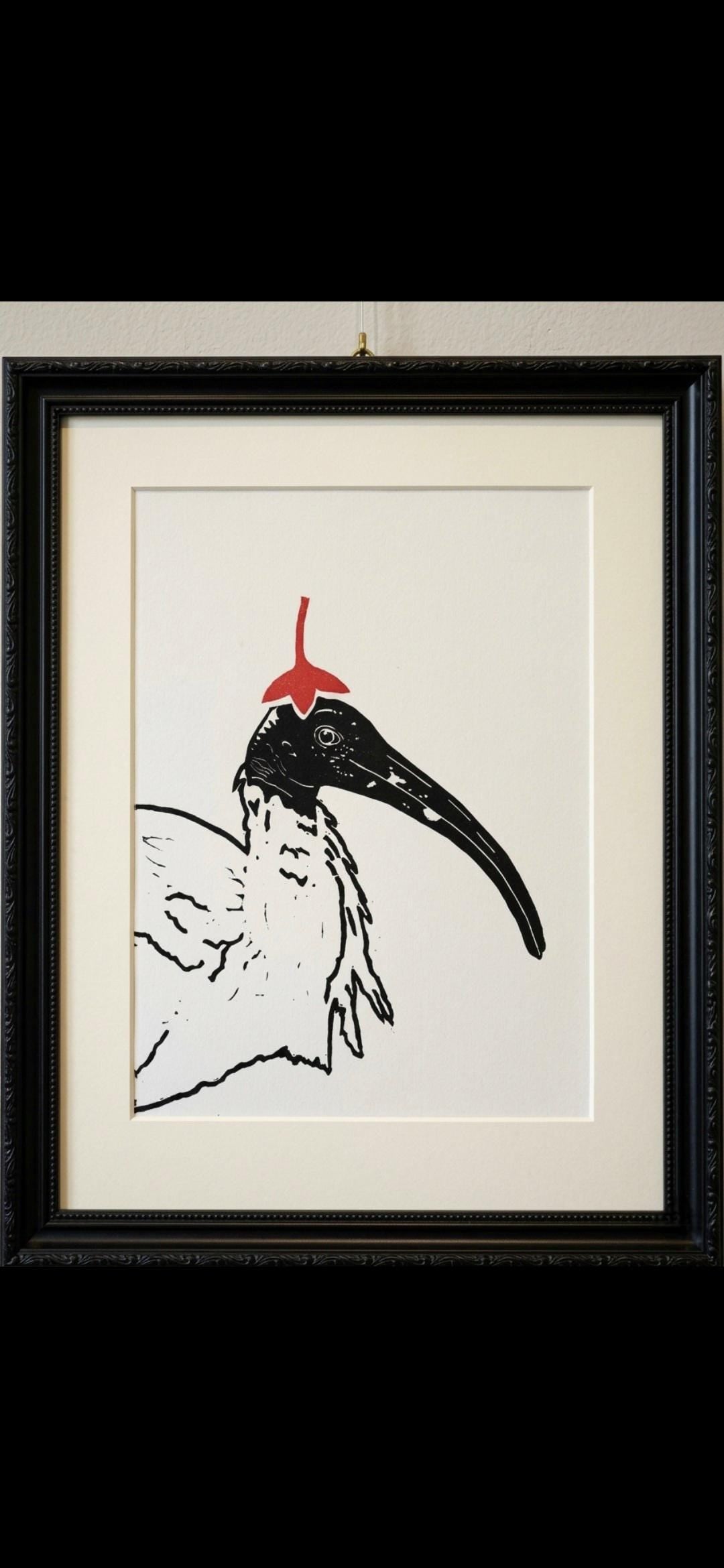 Ibis in Red Linocut Print – Limited Edition Hand Pulled Bird Art (A4)