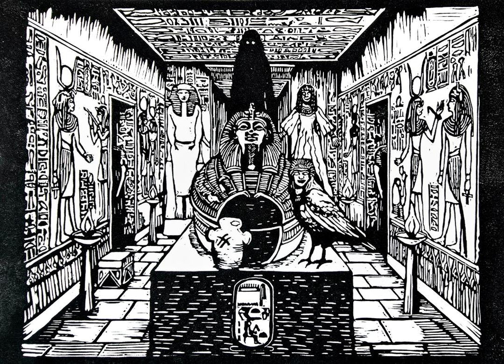 A4 hand-carved Ancient Egyptian Tomb linocut print