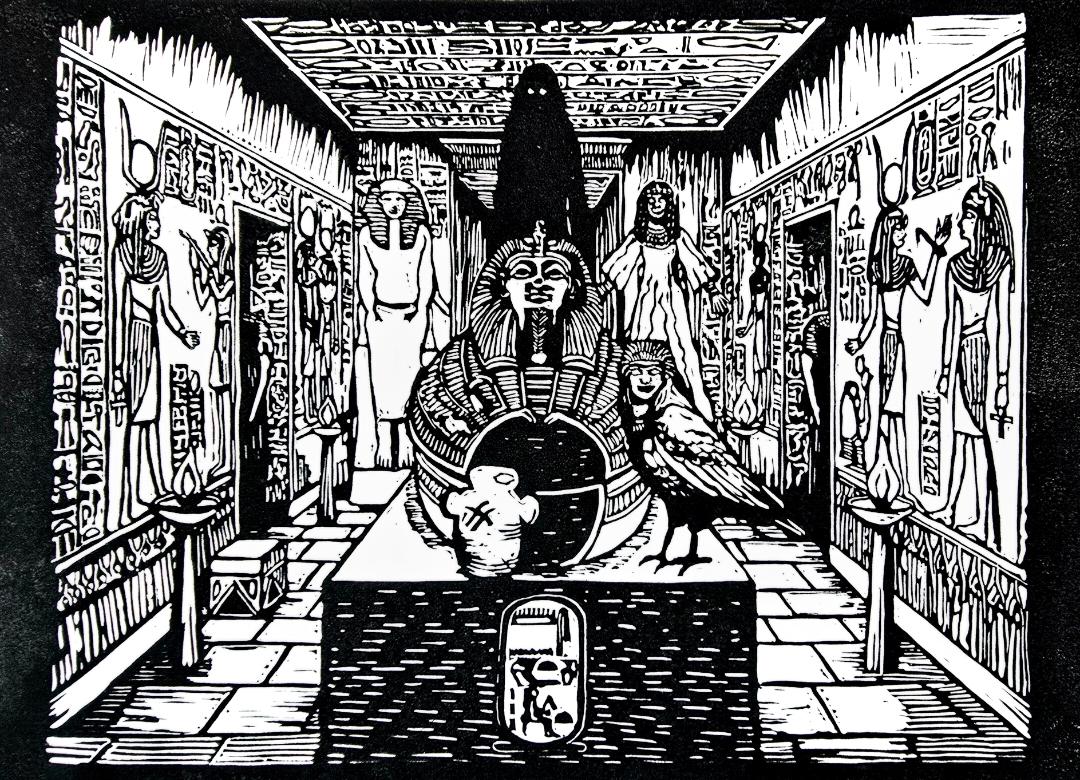A4 hand-carved Ancient Egyptian Tomb linocut print