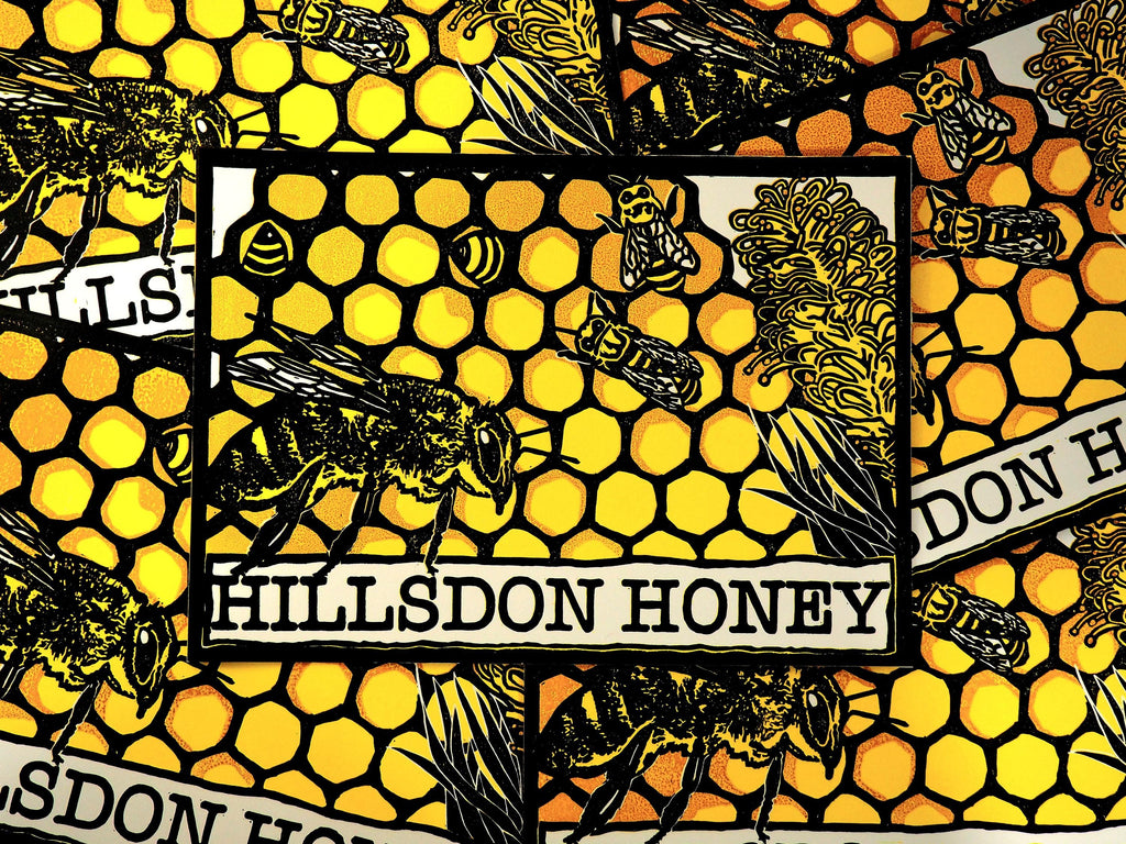 Hillsdon Honey – A4 Bee Art Reduction Linoprint | Limited Edition of 6 | Handmade Print
