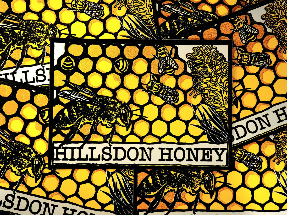 Hillsdon Honey – A4 Bee Art Reduction Linoprint | Limited Edition of 6 | Handmade Print