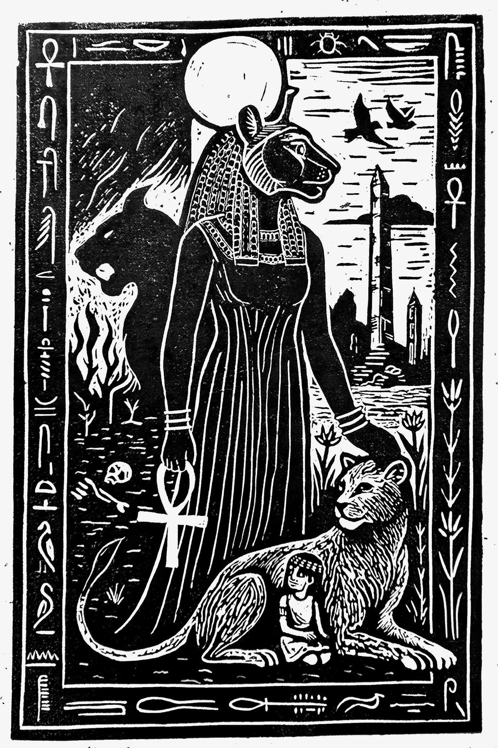 Sekhmet – A4 sized hand-carved linocut print of Egyptian Goddess Sekhmet