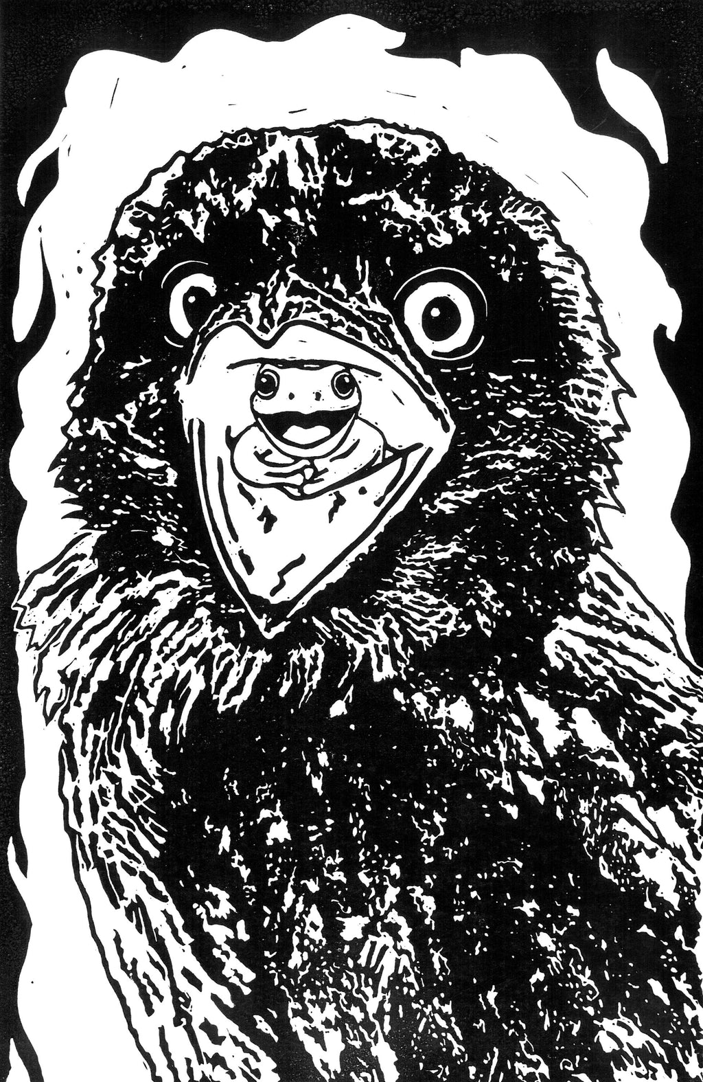 Tawny Frogmouth Linoprint | Quirky Australian Bird Wall Art, A4 (Black & White or Watercolour)