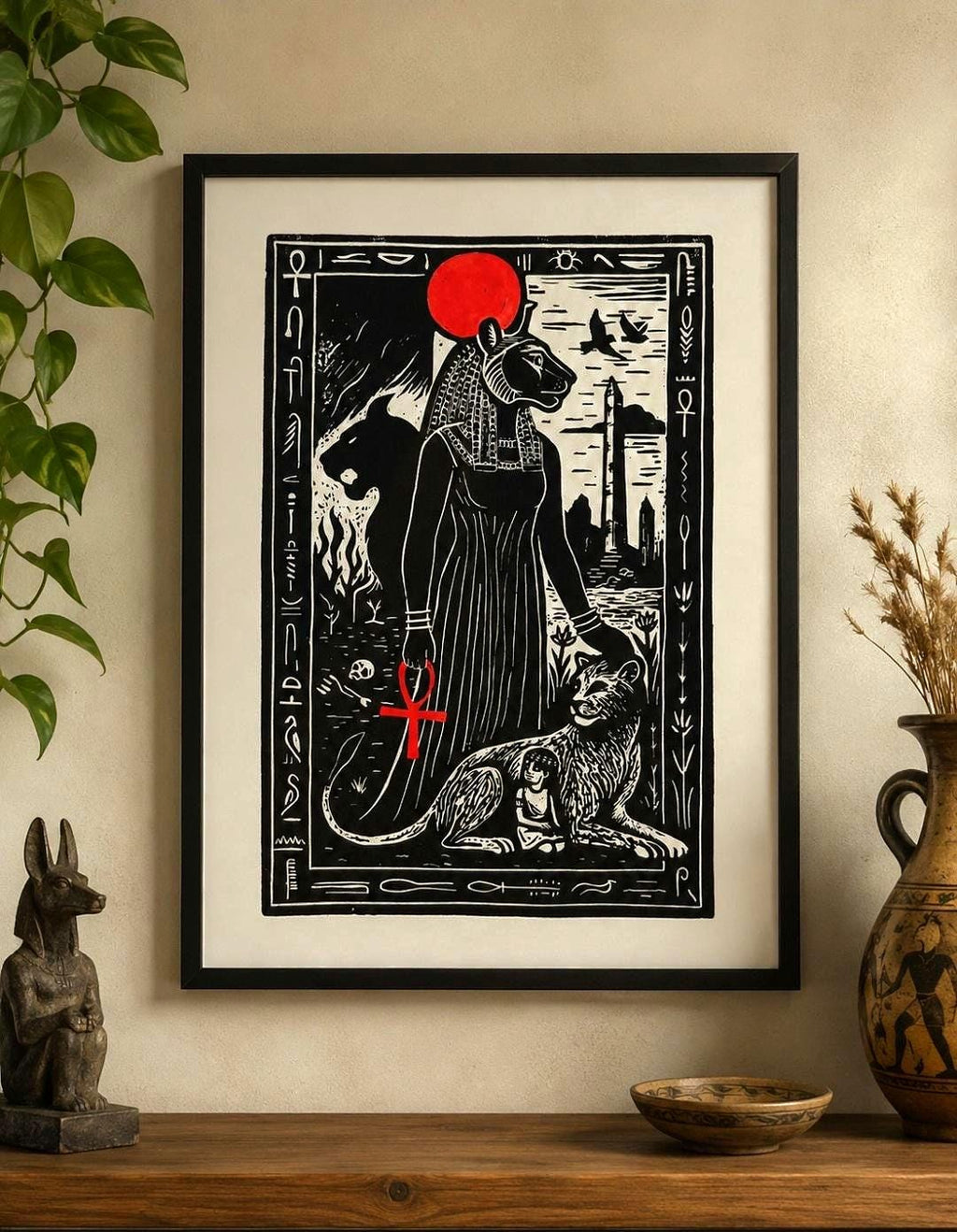 Sekhmet – A4 sized hand-carved linocut print of Egyptian Goddess Sekhmet