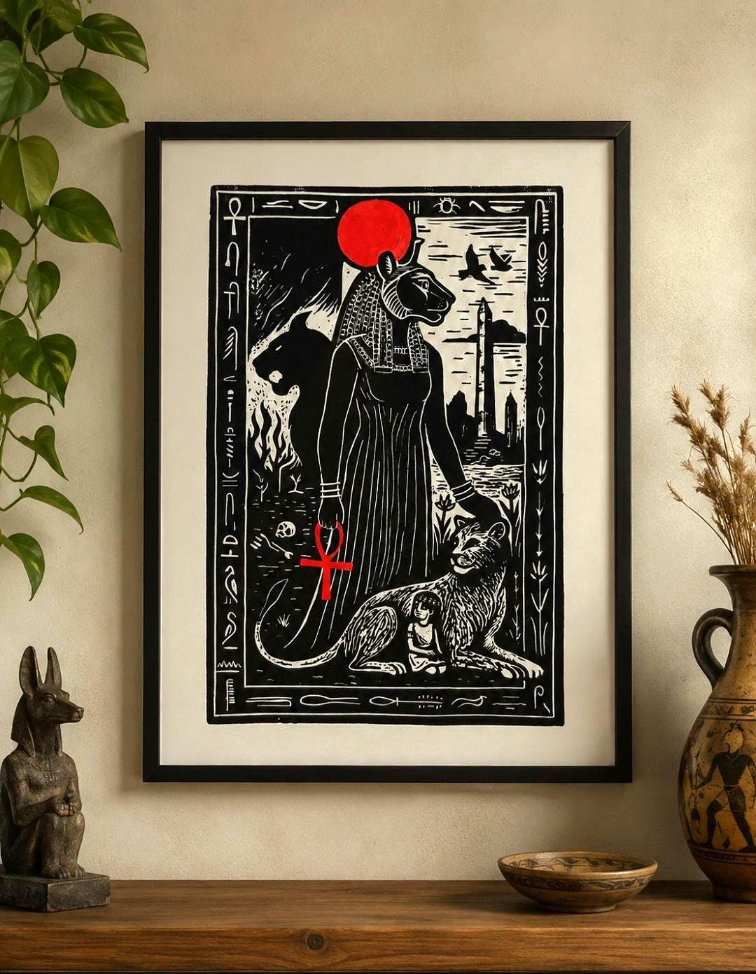 Sekhmet – A4 sized hand-carved linocut print of Egyptian Goddess Sekhmet