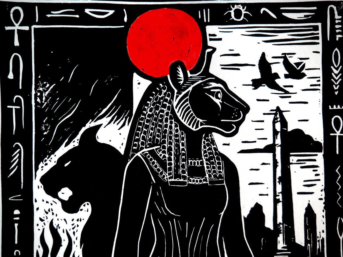 Sekhmet – A4 sized hand-carved linocut print of Egyptian Goddess Sekhmet