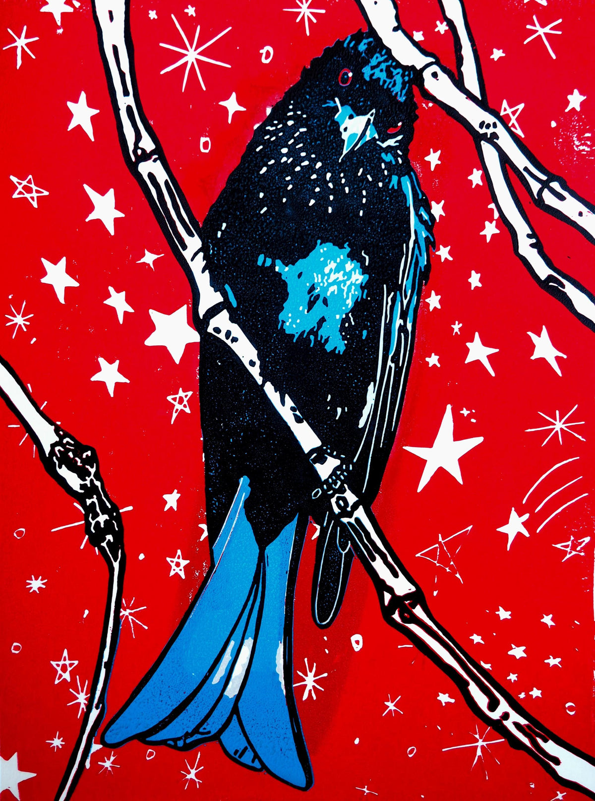 Spangled Drongo Linocut Print | Australian Bird Art (A4 Limited Edition)