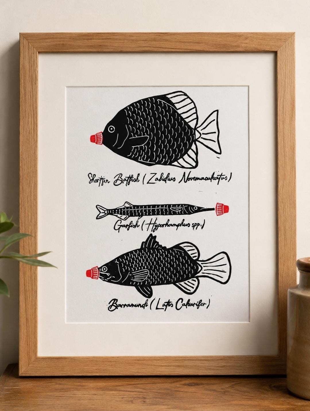 Linoprint Fish Art Print – Limited Edition of 20 Barramundi, Garfish, Batfish Art (A4)