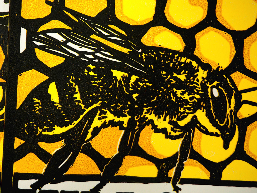 Hillsdon Honey – A4 Bee Art Reduction Linoprint | Limited Edition of 6 | Handmade Print