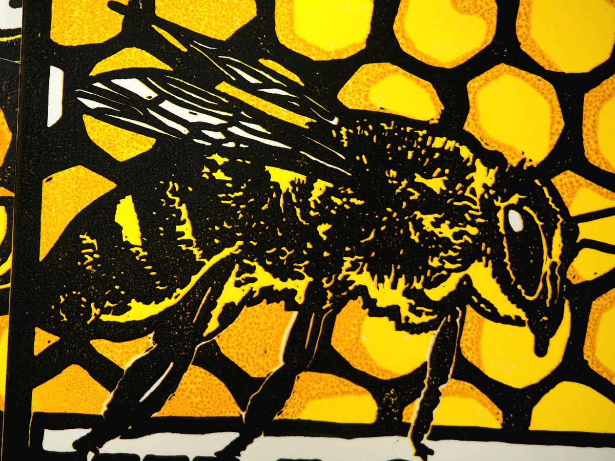 Hillsdon Honey – A4 Bee Art Reduction Linoprint | Limited Edition of 6 | Handmade Print